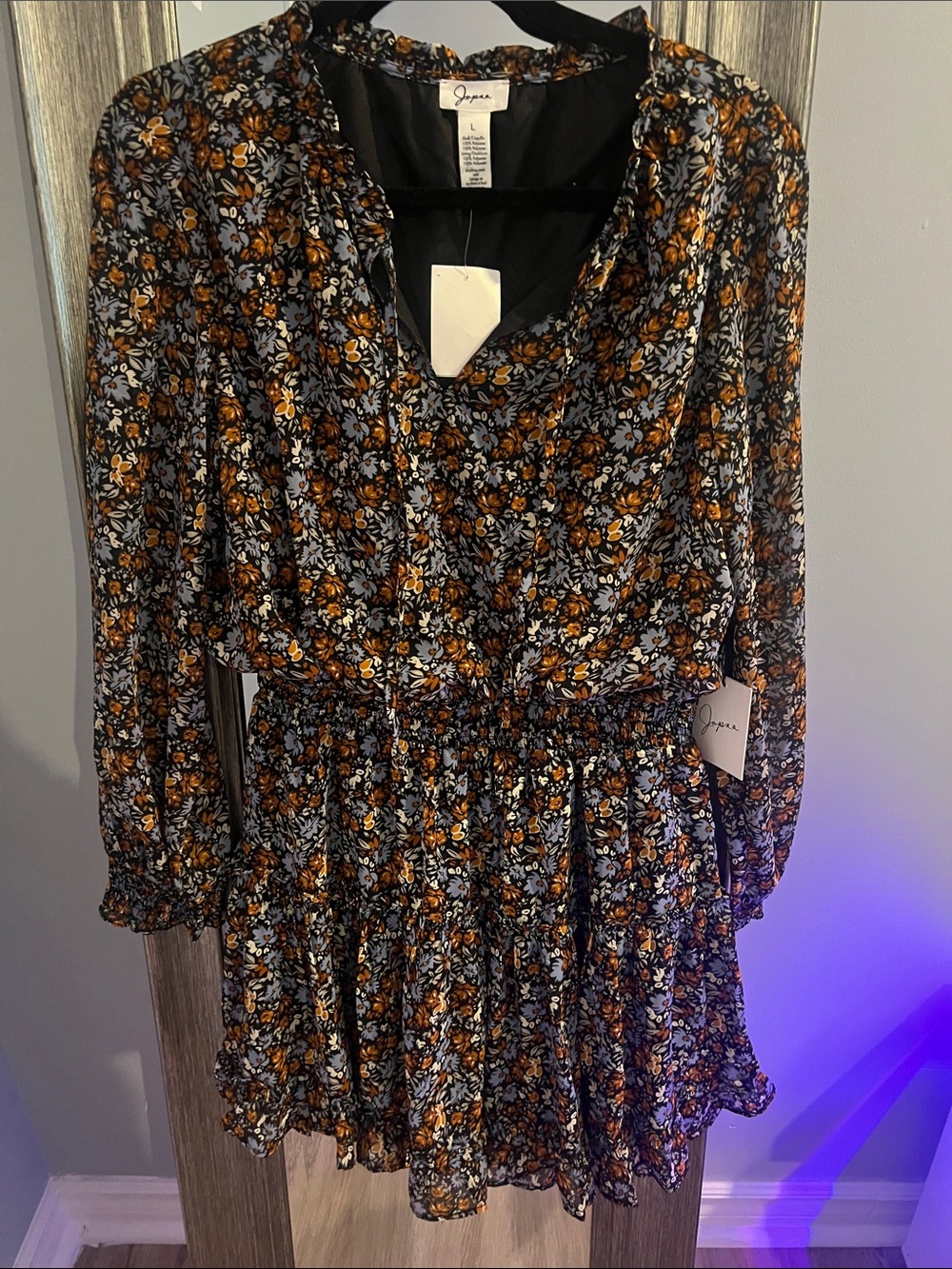 Black Floral Ruffle Hem Mini Dress with Mustard & Light Blue